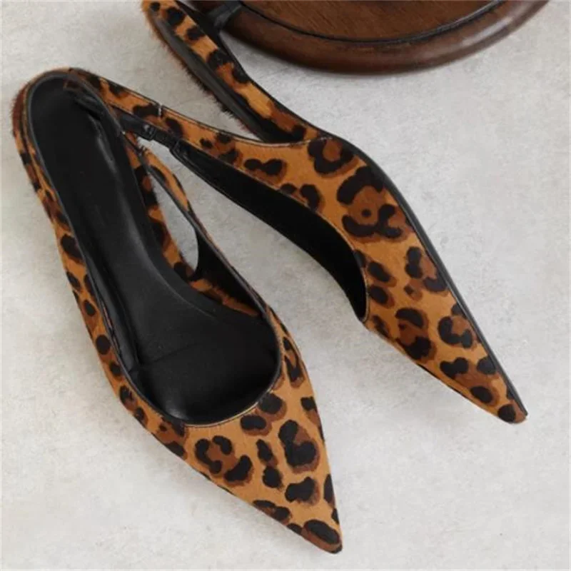 Leopard Pattern Shoes For Womens Pointed Toes Lady Low Heels Female Sandals Back Strap Zapatos Mujer Sewing Lines Chassure Femme