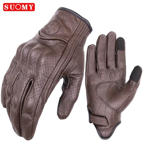 SUOMY Guantes de moto perforados de verano Retro marrón cuero Real Cafe Racer Guantes de moto pantalla táctil Scooter Guantes