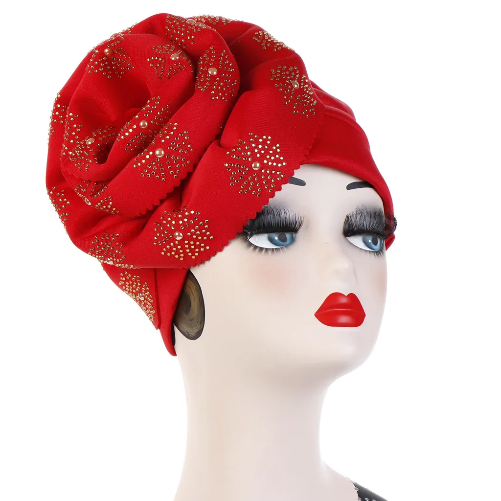 2023 Trendy Women Big Flower Turban Hat Fashion Muslim Hijab Caps Diamonds Head Wrap Ladies Bandana Chemo Cap African Hat
