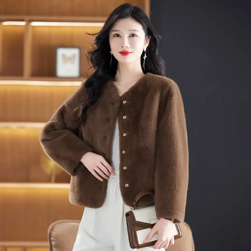 겨울 여성 고급 긴 소매 인조 모피 코트 한국 여성 패션 레저 모피 탑 재킷 2025 라운드 넥 플러시 아우터웨어