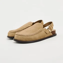 2024 nuova estate sandali da donna un bottone fondo piatto Casual appartamenti Sandalias Femininas Khaki Cow Suede Mules scarpe mocassini