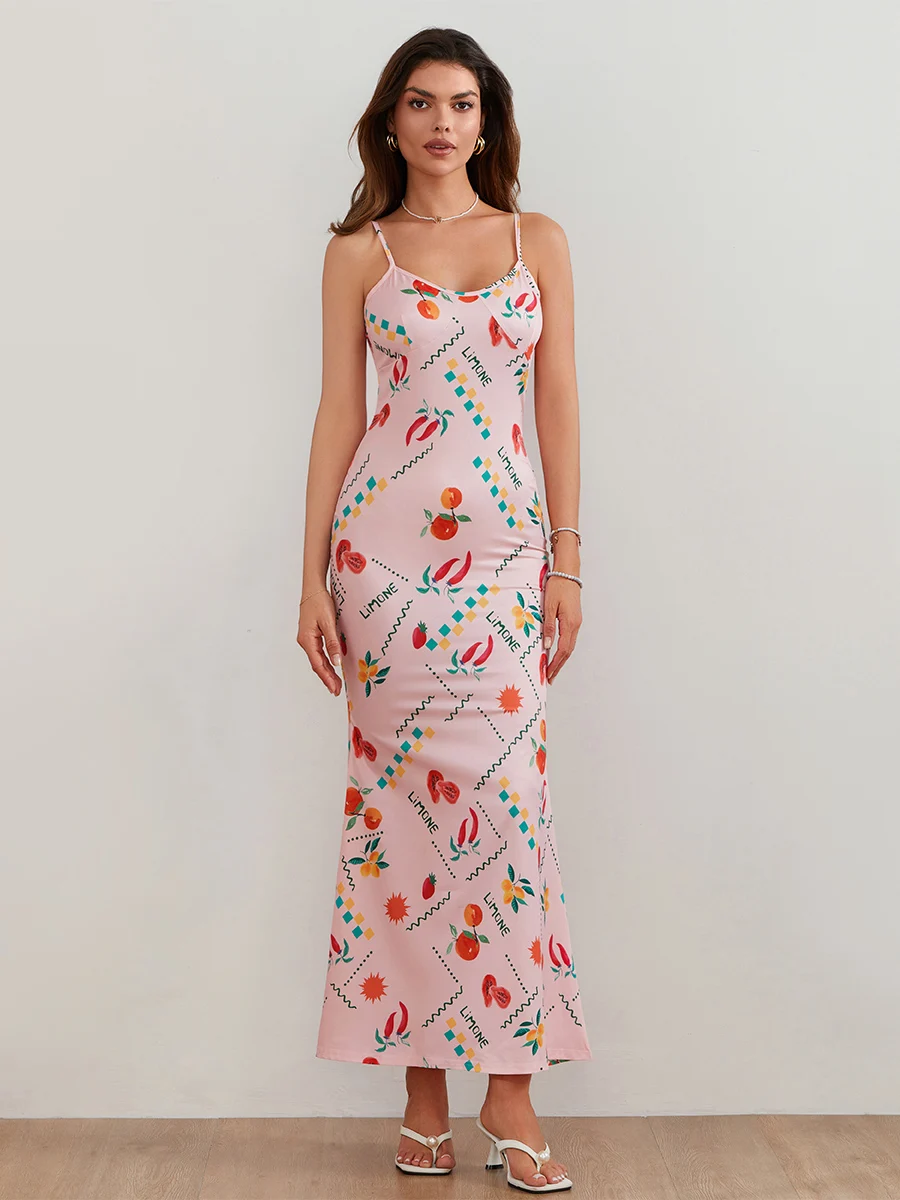 

Women s Spaghetti Strap Long Dress Summer Sleeveless Floral Print Backless Bodycon Maxi Dress for Cocktail Party Clubwear