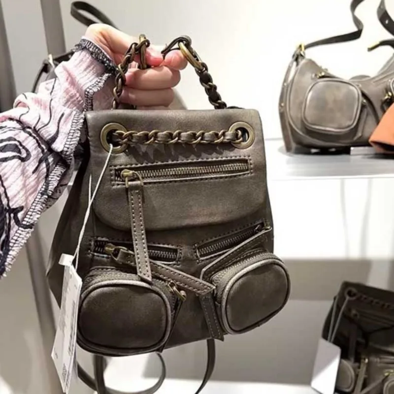 

JIAERDI винтажный кофейный рюкзак с цепочкой, женский кожаный рюкзак большой емкости с несколькими карманами, женская сумка Y2k Harajuku Mochilas Mujer 2025