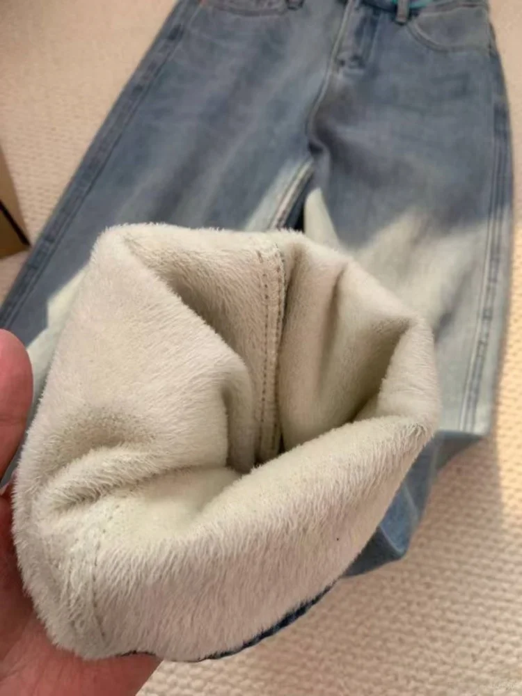 حجم كبير Fce اصطف الدينيم الجينز المرأة عالية الخصر بنطال ذو قصة أرجل واسعة Thiened فضفاضة تناسب الأمريكية خمر Sle الخريف الشتاء #5