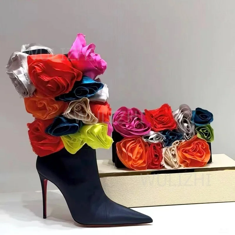 

Colorful Floral Appliques Navy Blue Boots Women Black Matte Leather Pointed Red Heels Girl Party Cute Graffiti Ruffle Calf Shoes