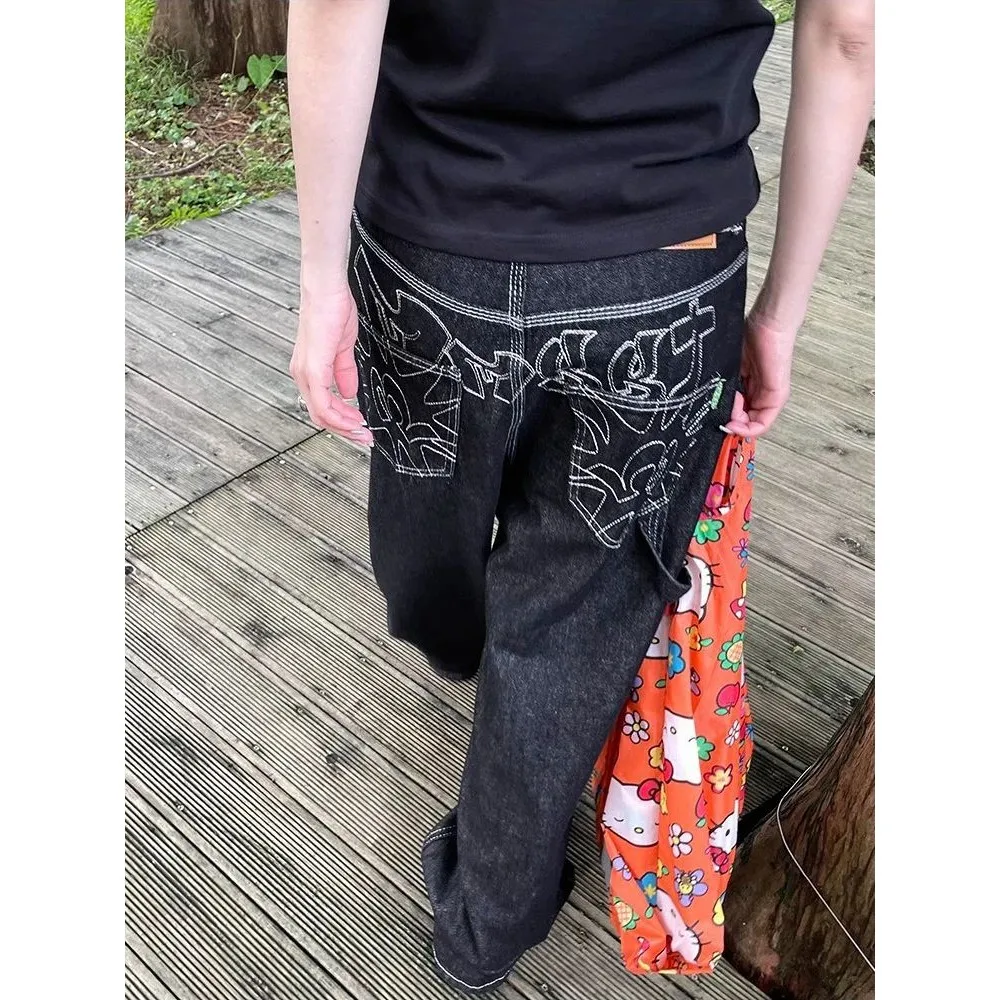 

Y2K Вышитые широкие джинсы женские в стиле ретро американский Sle джинсовые брюки с высокой талией прямые брюки из искусственной ткани женские джинсы