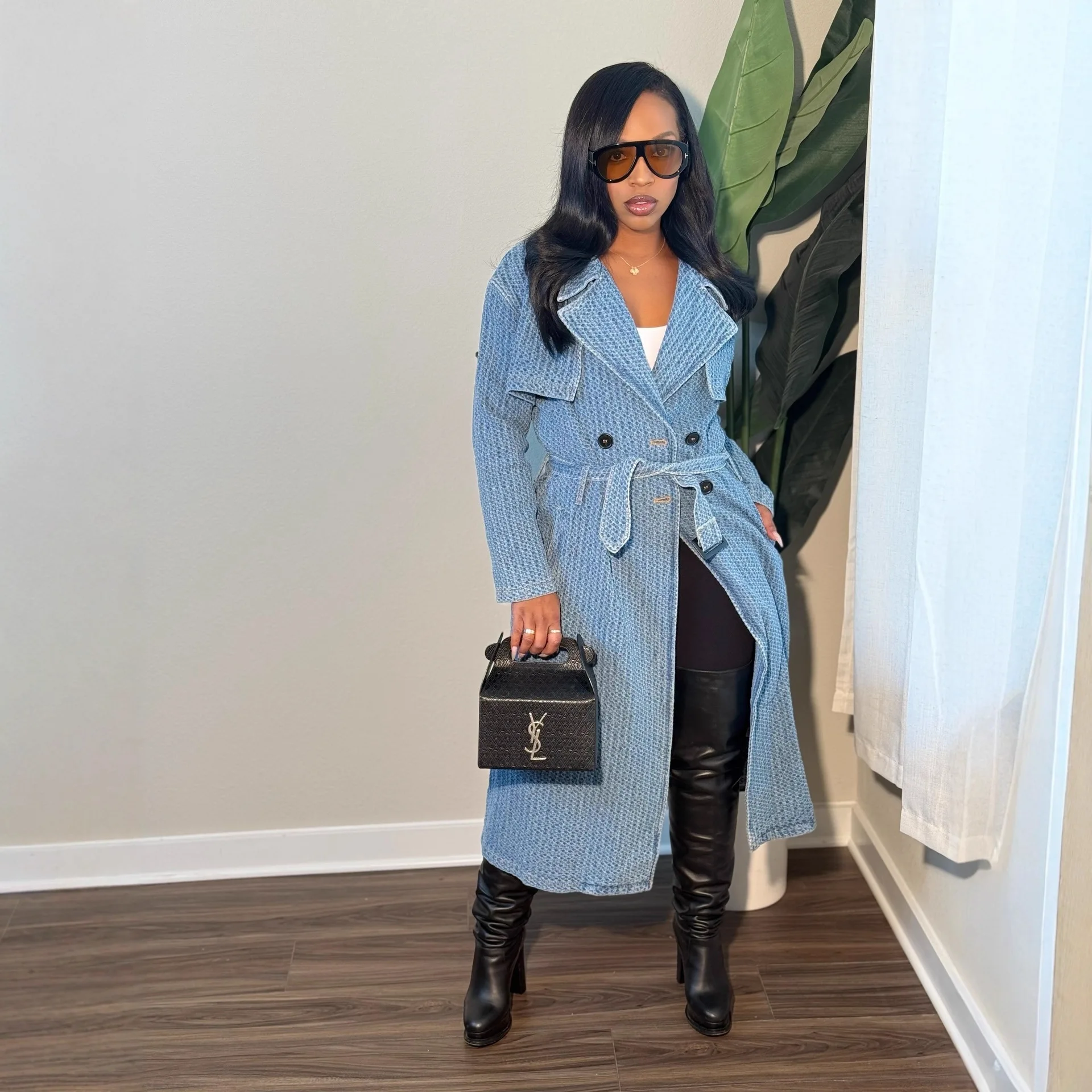 

Women Trench Coats Denim Long Jackets Solid Pocket Lace Up Button Turn Down Collar Long Sleeves Loose Fit Streetwear 2025 Autumn