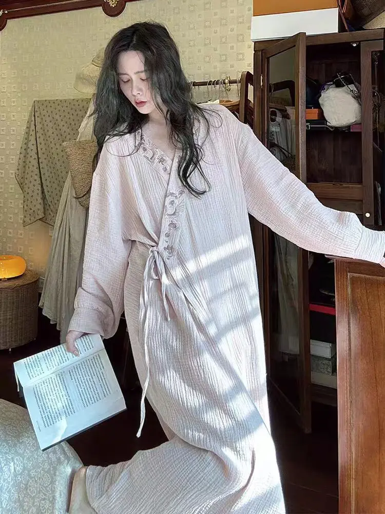 

Lazy Style Nightgown Dress for Women Autumn Winter Strappy Chinese Long-sleeved Pajamas Long Home Wear Fancy Night Clothing Lady