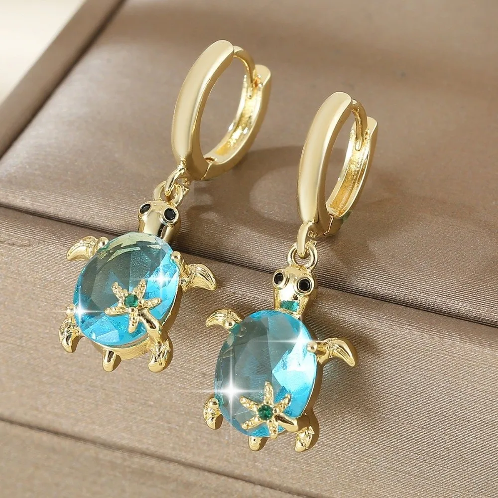 Casual Rhinestone Sea Turtle Dangle Earrings Sparkling Vintage Animal Pendant Hoop Earrings Cute Elegant Ocean Jewelry For Women