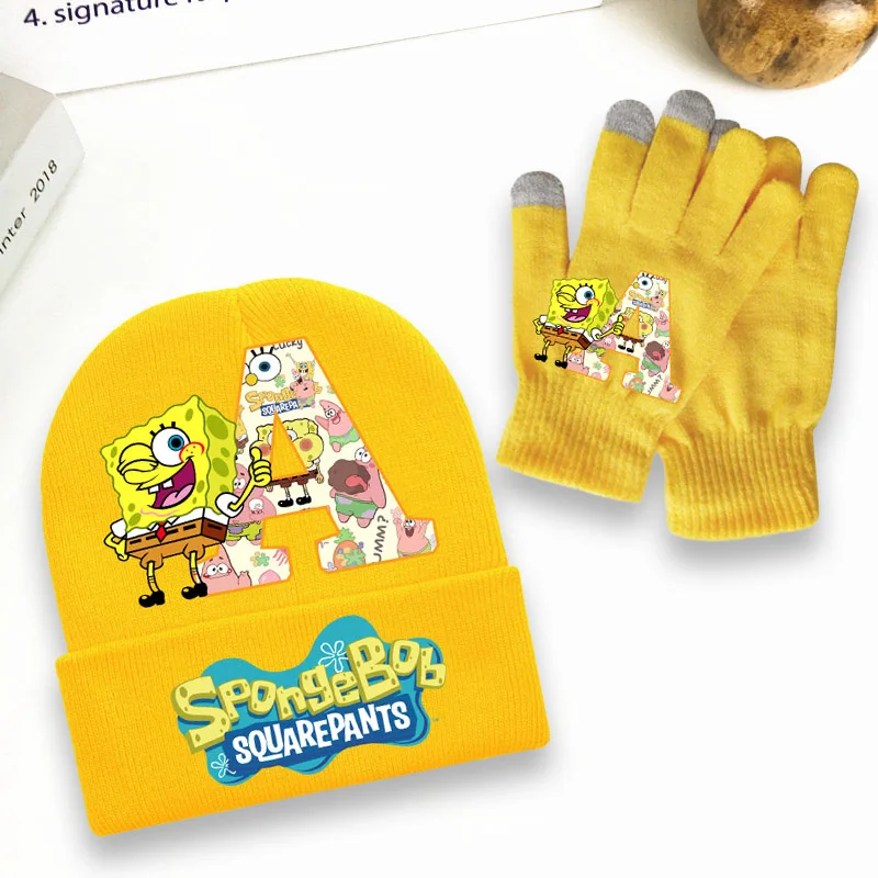 

SpongeBob SquarePanted Child Glove Knitted Hat Set Anime Printed Touchscreen Gloves Woolen Cap Winter Warmth Two Piece Suit Gift