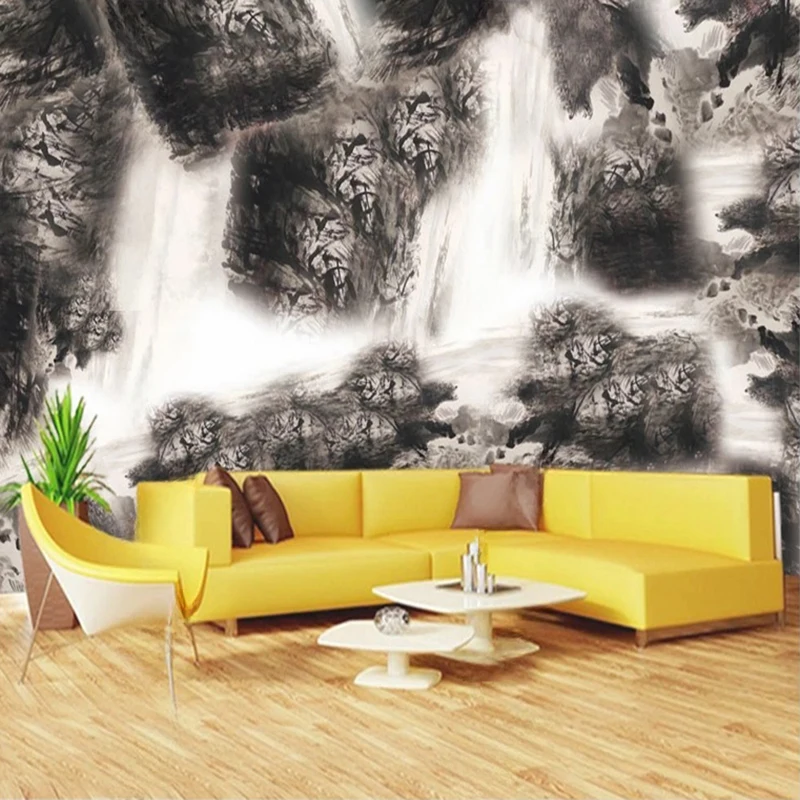 Custom Chinese Style Waterfall & Mountain Mural Wallpaper - Artistic Landscape TV Sofa Background Wall Art Decor For Living Room