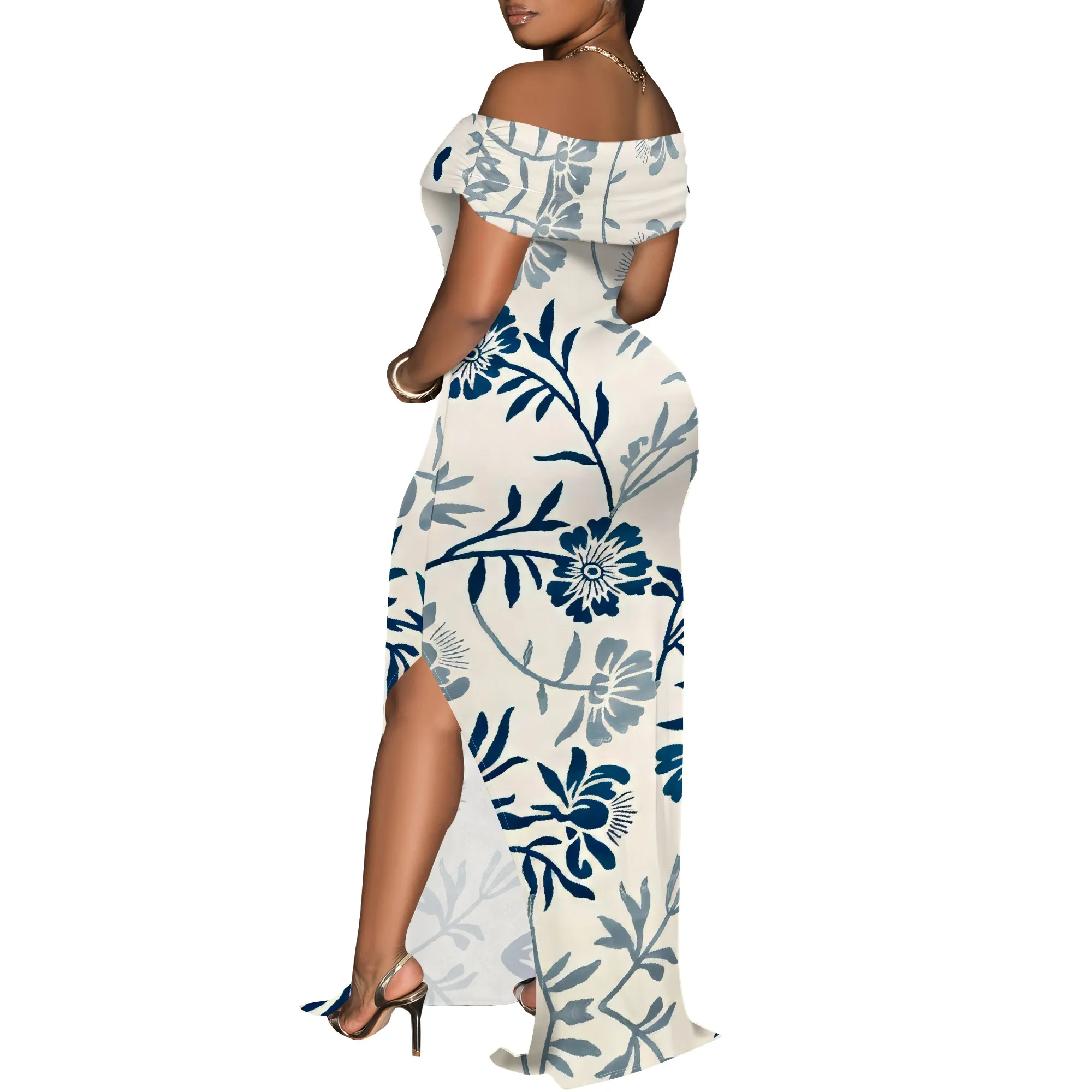 Off Shoulder Maxi Dress for Women Beige Blue Floral Print Elegant Summer Party Bodycon Gown