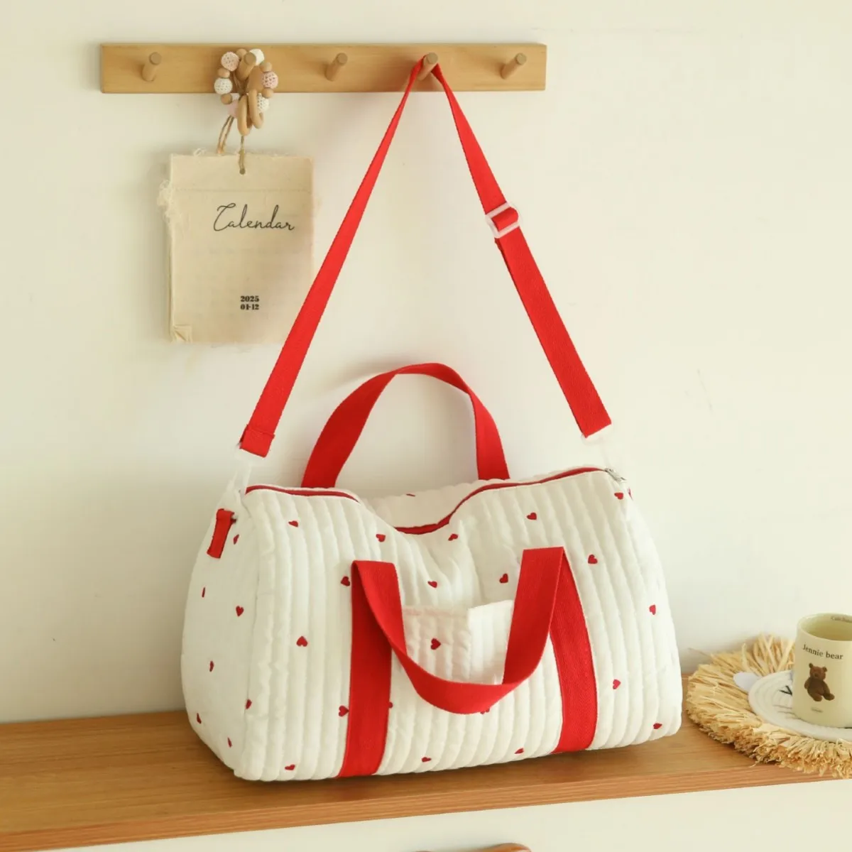 Large Capacity Mommy Bag Bear Heart Tote Bag Shoulder Crossbody Travel Boston Bag Portable Organizer for Women Baby Essentials