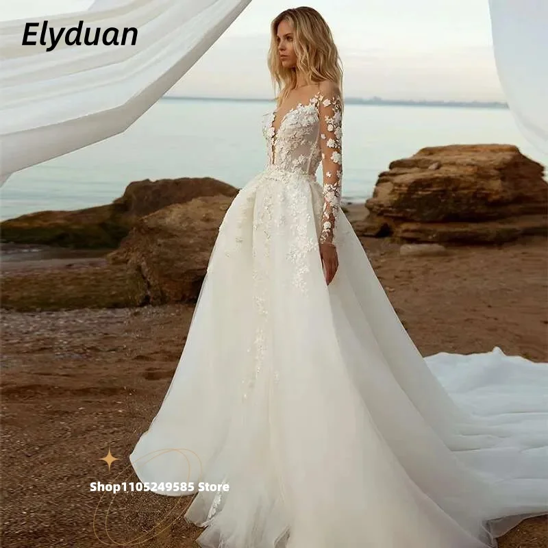 

Backless Beach Wedding Dress With Detachable Train Lace Appliques Long Sleeves 2026 Mermaid Robe de mariée