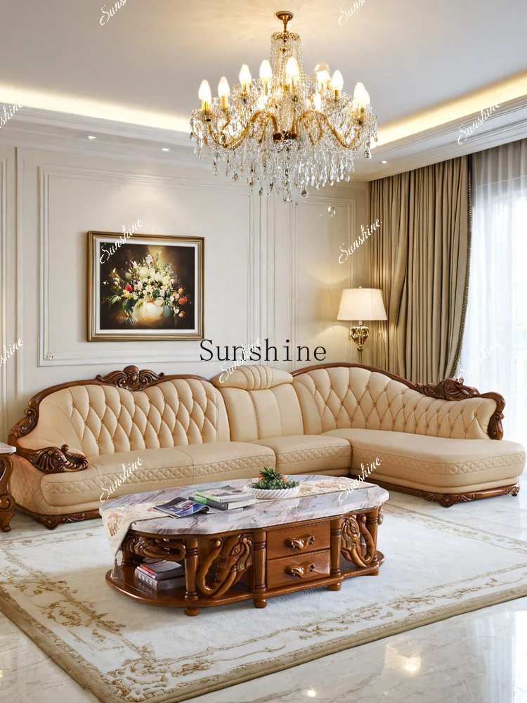 High-end luxury living room elephant carved solid wood first layer cowhide villa corner concubine sofa  FT