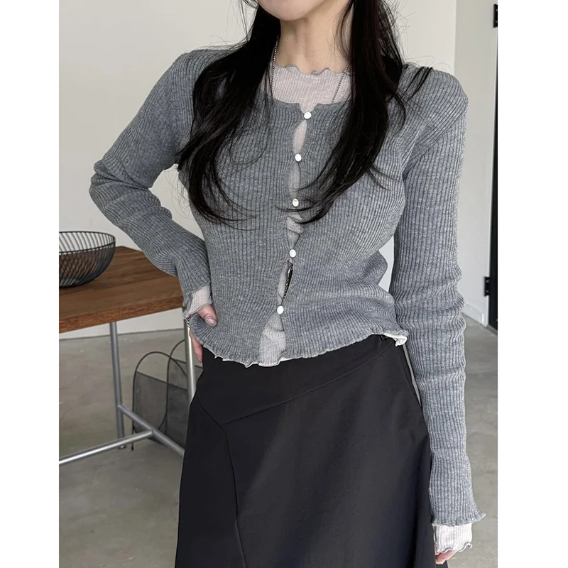 

Y2K Ruched Knitted Tops Single-breasted Sweater Fashion Slim Short Cardigans Long Sleeve Stretch Tops Knitwear Casual Streetwear