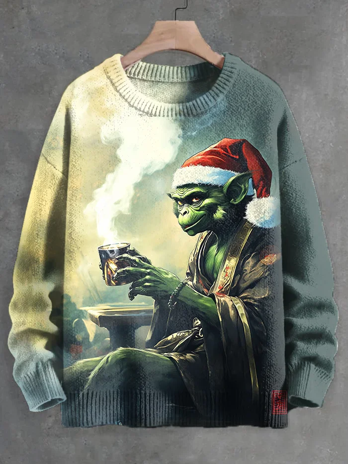 

Men's Christmas Monkey Drinking Red Wine Art Print Knit Sweatshirt Pullover Sweater Women For Men Sweater