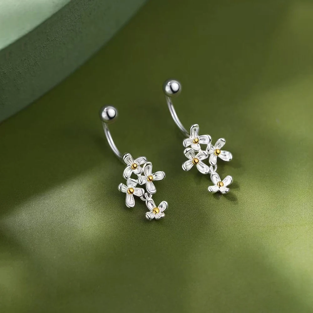 

925 Silver Needle Flower Plant Bead Screw Stud Earrings For Women Party Classic Fine Jewelry Light Luxury Plant Accessories