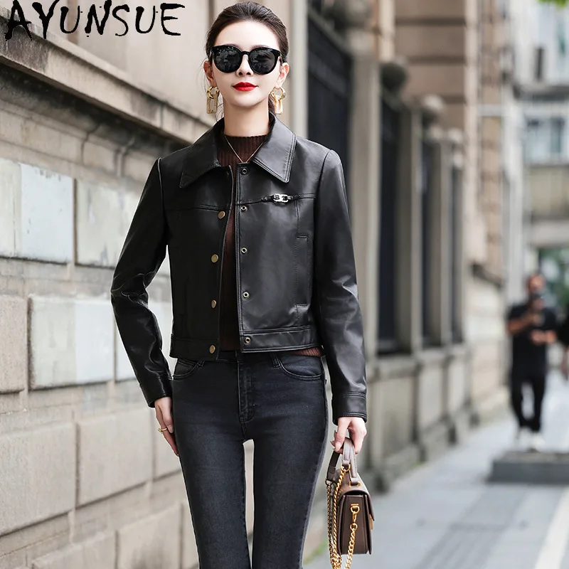 AYUNSUE 100% Real Leather Jacket Woman Autumn Clothes Natural Sheepskin Short Coat Women Fashion Semi Vegetable Tanning  بلايز