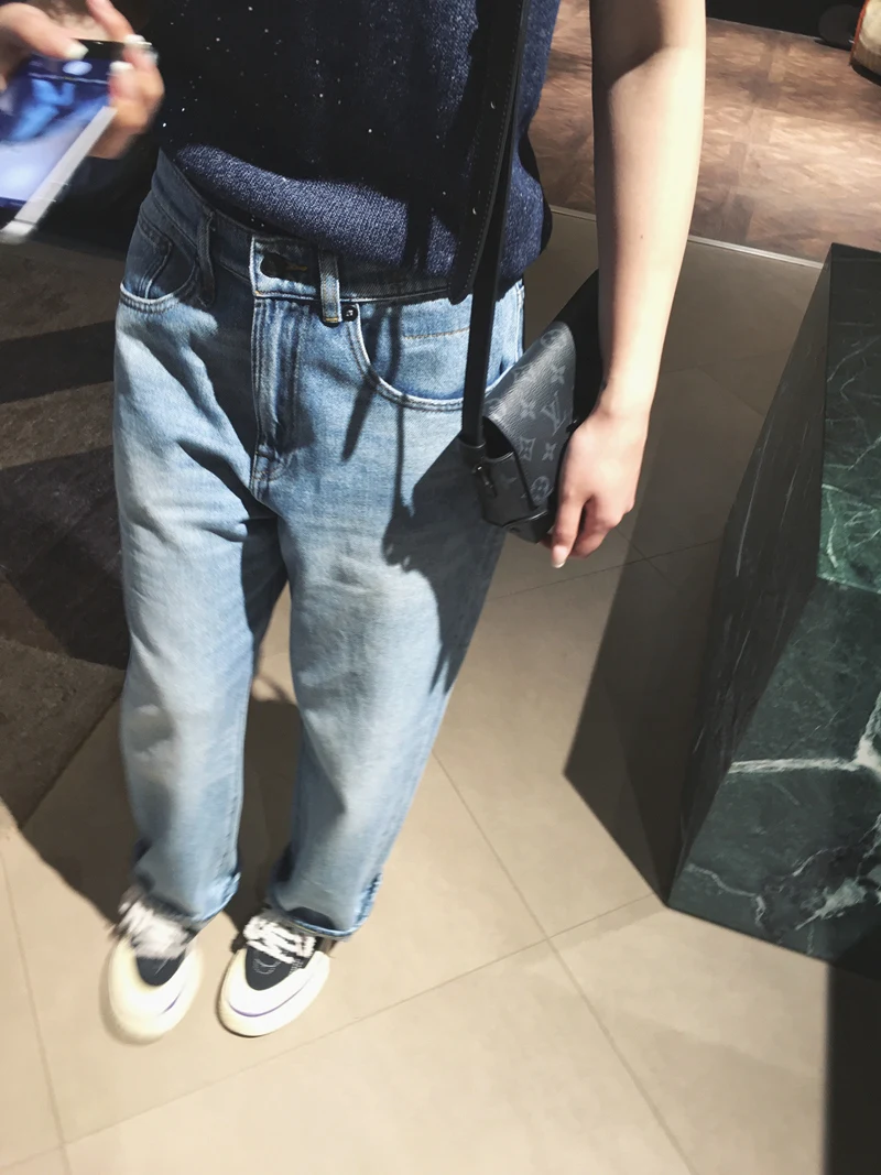 

Женские прямые джинсы Cuijia, потертые длинные брюки с микроконусом, белые длинные брюки с талией, модные повседневные джинсовые брюки