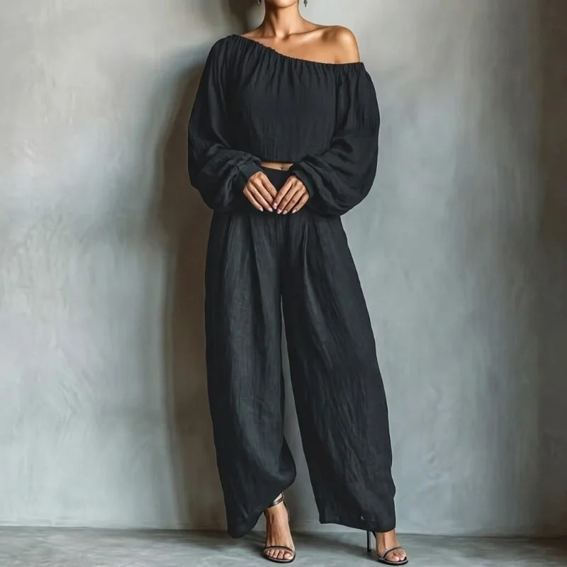 UOOZEE Women's Black 2 Piece Sets Solid Color One-shoulder Puff Sleeves Crop Tops & High Waist Wide Leg Pants Casual Daily Suits view 3