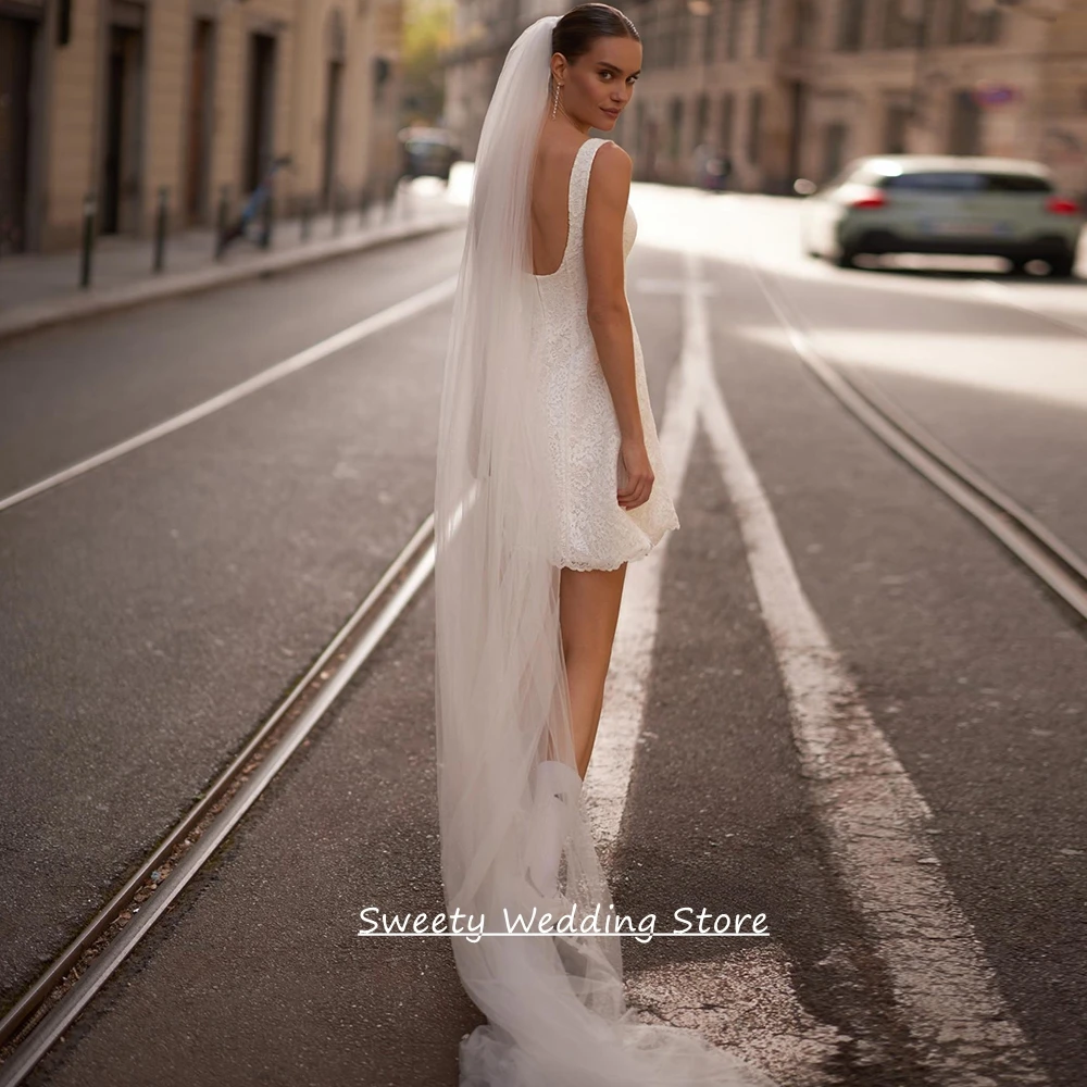 Customized Short Lace Wedding Dress New Arrival Square Neck Sleeveless Mini Bridal Gown Little Ivory Dresses for Lady