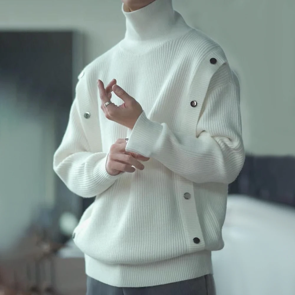 Sweater pria musim gugur musim dingin, Y2k kerah tinggi gaya Korea warna Solid, Sweater rajut sederhana kasual elegan modis