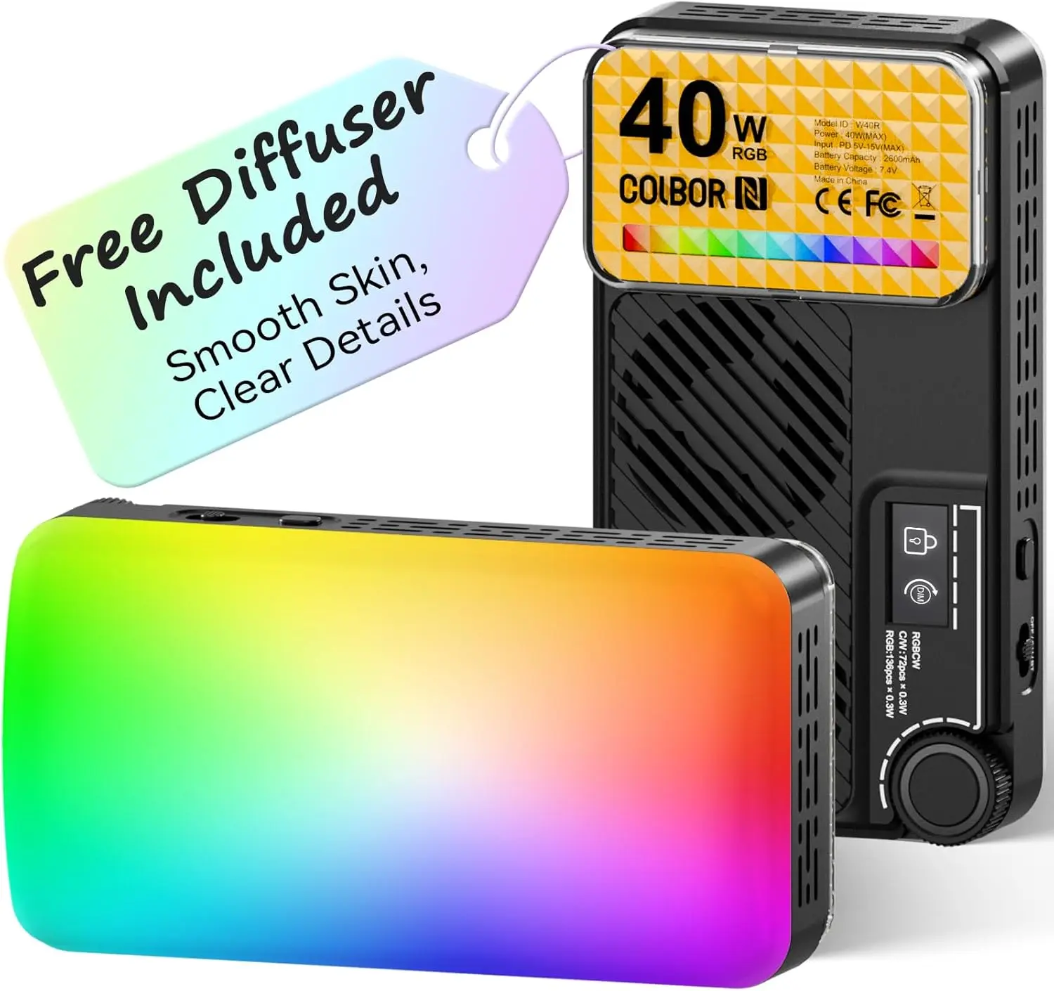 

40-ваттный RGB LED светильник для камеры с управлением через приложение, 2500-9000K, CRI 97+, быстрая зарядка USB-C, портативный заполняющий свет для видеосъемки