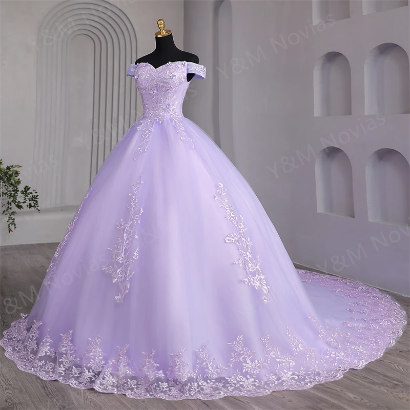 Custom Color Sweet 16 Dress Pink Off Shoulder Plus Size Vestido De Noiva Purple Quinceanera Dress Ball Gown Flower Women Train