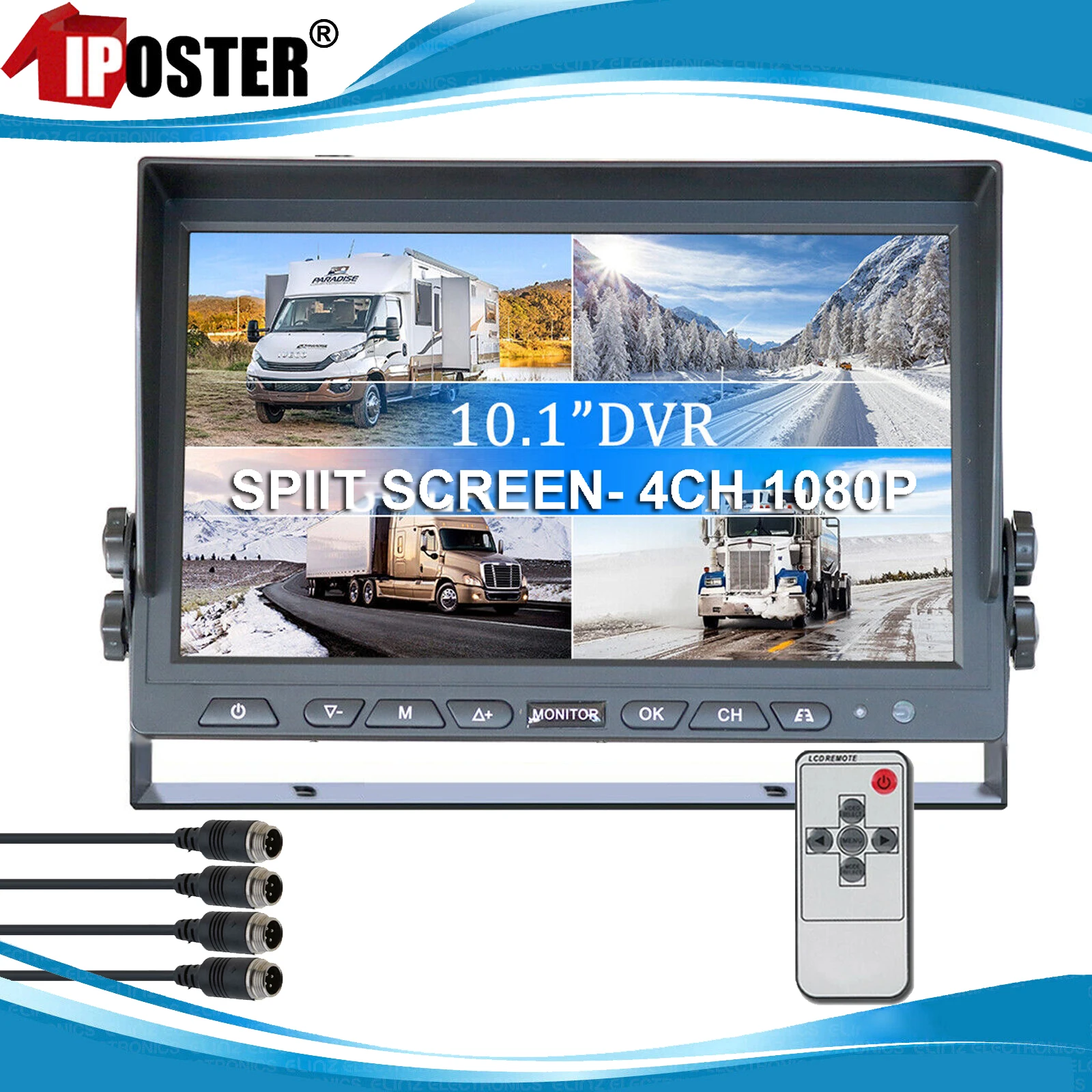 iPoster 10.1 Inch IPS Screen Quad Monitor Split Screen 4ch 4PIN AHD 1080P USB MP5 Loop Recording 12-36v For Truck Bus Caravan Rv