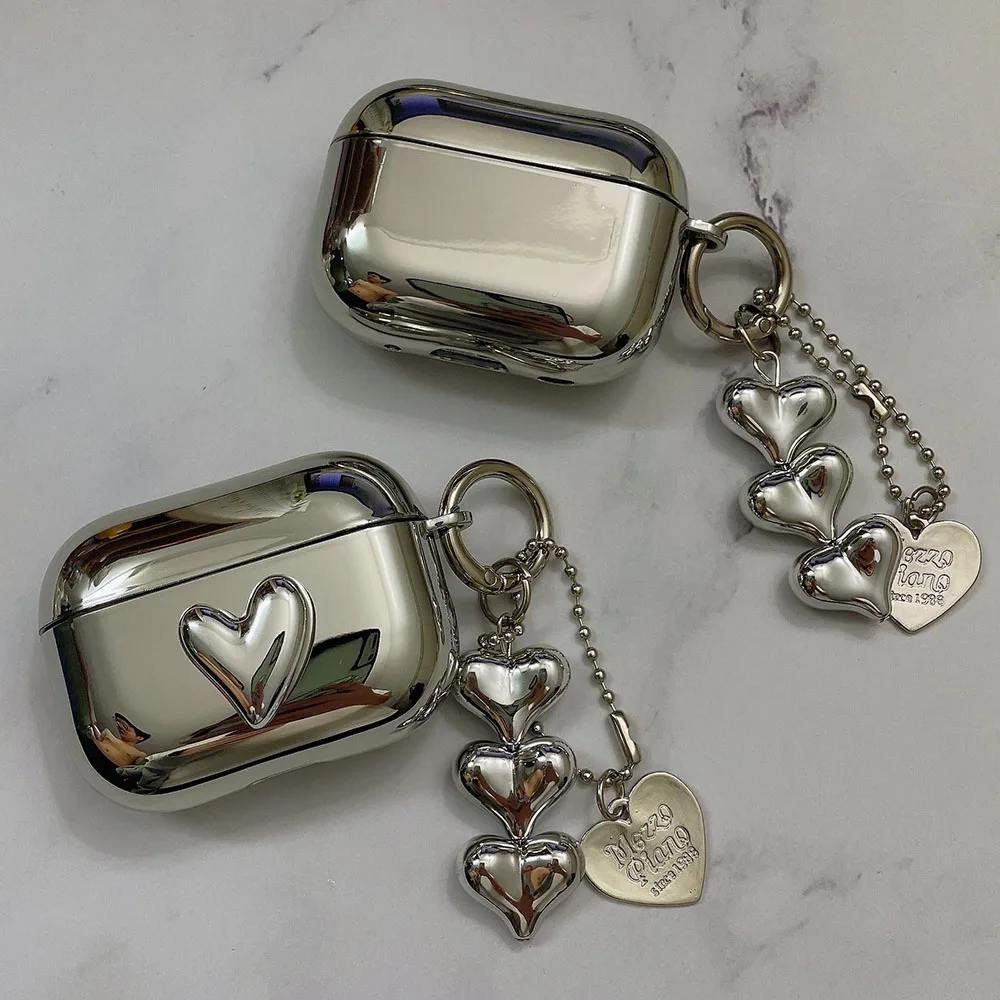 Electroplated Silver Soft TPU Case For AirPods 4 3 Pro 2 1 Mirror Plating Earphone Protective Cover Heart Keychain Accessories