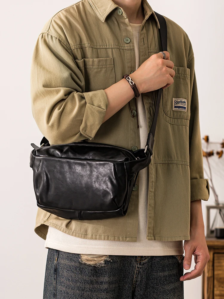 PNDME Outdoor daily work high quality genuine leather men's crossbody bag casual luxury first layer cowhide black shoulder bag