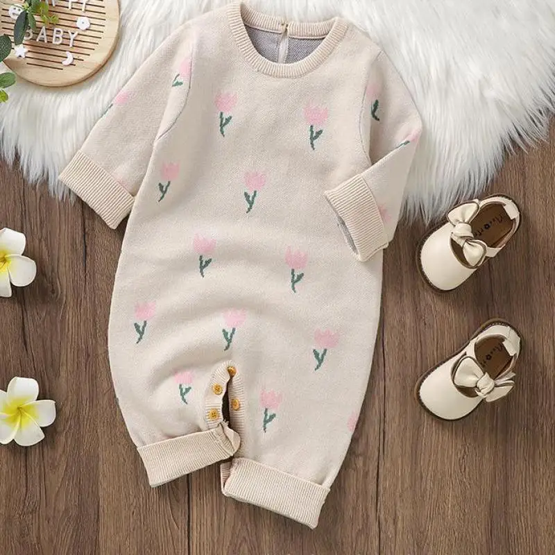 Autumn Winter Baby Clothes Boy Girl Tulip Long Sleeve Romper Newborn Knitwear Infant Knit Casual Jumpsuit Fashion Kid One-piece