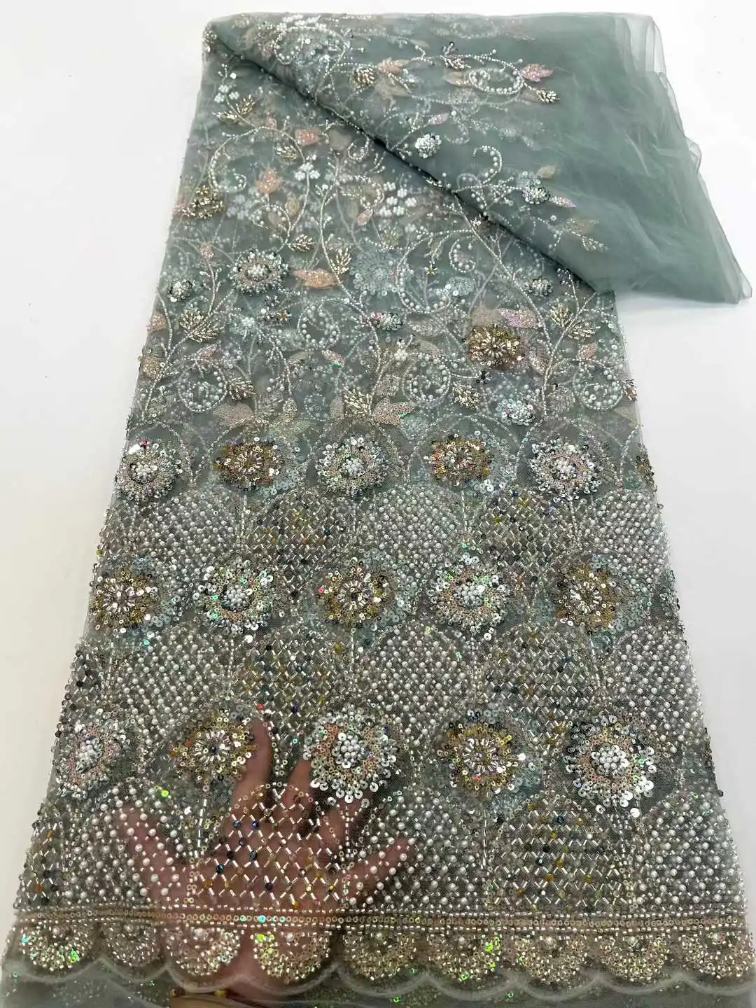 African Lace Fabric 2025 High Quality French Luxury 3D Flower Sequins Embroidery Beads Tulle Lace Fabric For Party Dress