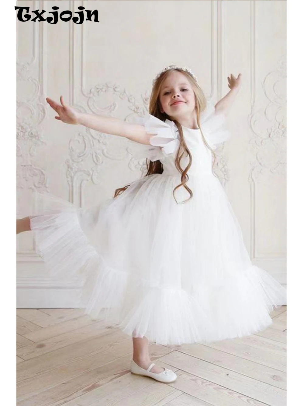 Simple Puffy Tulle A-line Wedding Flower Girl Dresses O neck Short Sleeve Tea-length Kids Birthday Party Gown Customized 2025