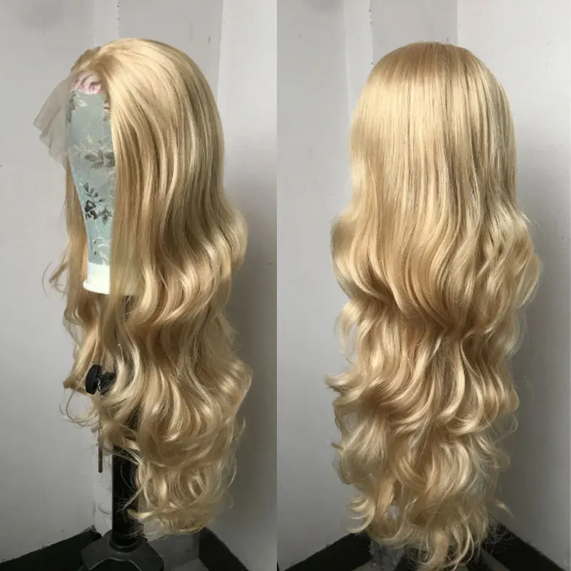 Ouro loira cor onda do corpo perucas dianteiras do laço sintético de alta qualidade fibra resistente ao calor cabelo natural linha fina para cosplay feminino