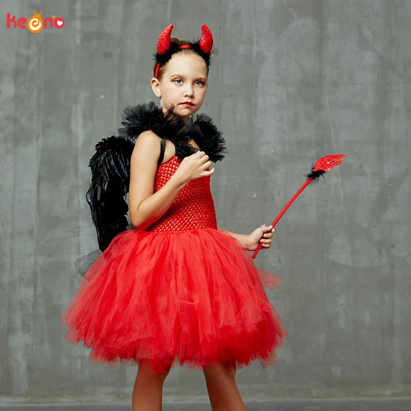Girls Red Devil Halloween Tutu Dress with Horns Wings Pitchfork Crimson Demon Kids Fancy Dress Up Carnival Party Dress Costume