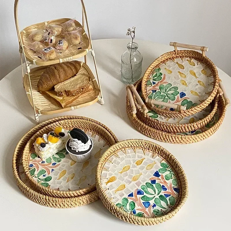 yesKorea Light Luxury Double-eared Shell Tray Natural Shell Rattan Storage Perfume Aromatherapy Decorative Tray Cake Bread Baske
