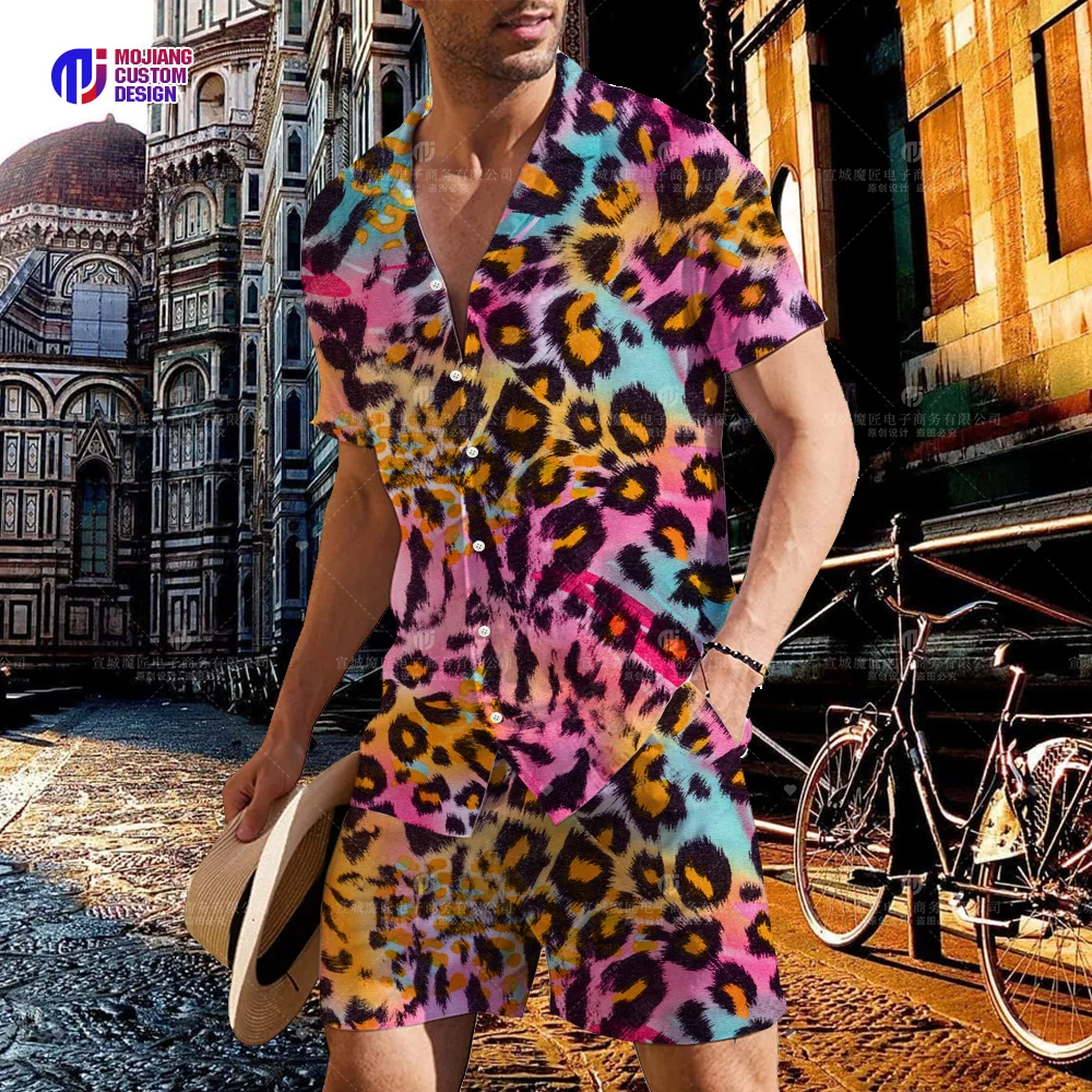 2023 Summer Men\'s Leopard Print Colorful 3D Lapel Shirt Button Short Sleeve + Shorts Set Men\'s Sports Hip Hop Set 2 Pieces