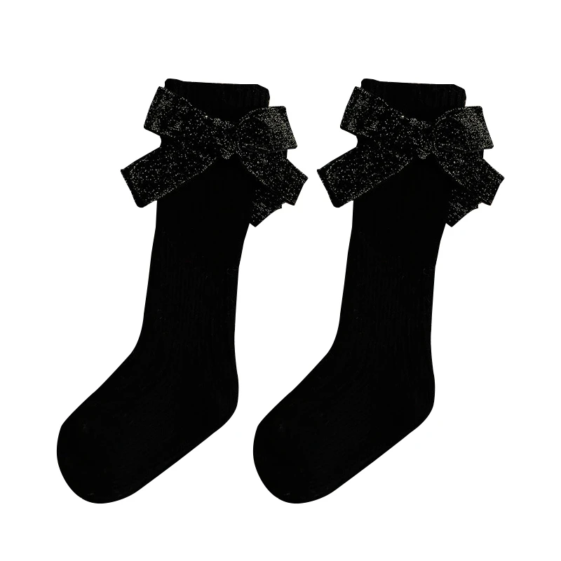 Kids Knit Socks for Girls Glitter Big Bowknot Decor Toddler Sweet Anti-Skid Cute Baby Socks Winter Over-The-Knee Socks