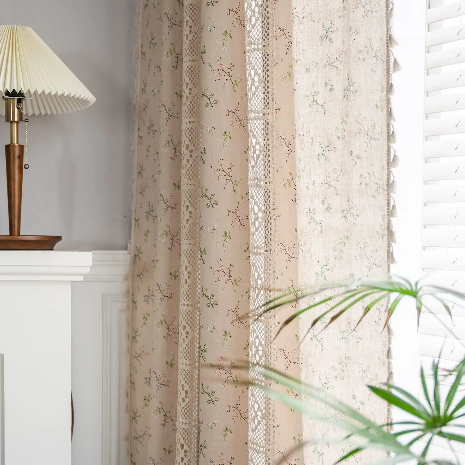 Boho Curtains Floral Semi-Blackout Windows Curtains with Tassels Cotton Linen Curtains Panels for Bedroom Living Room, 1 Panel