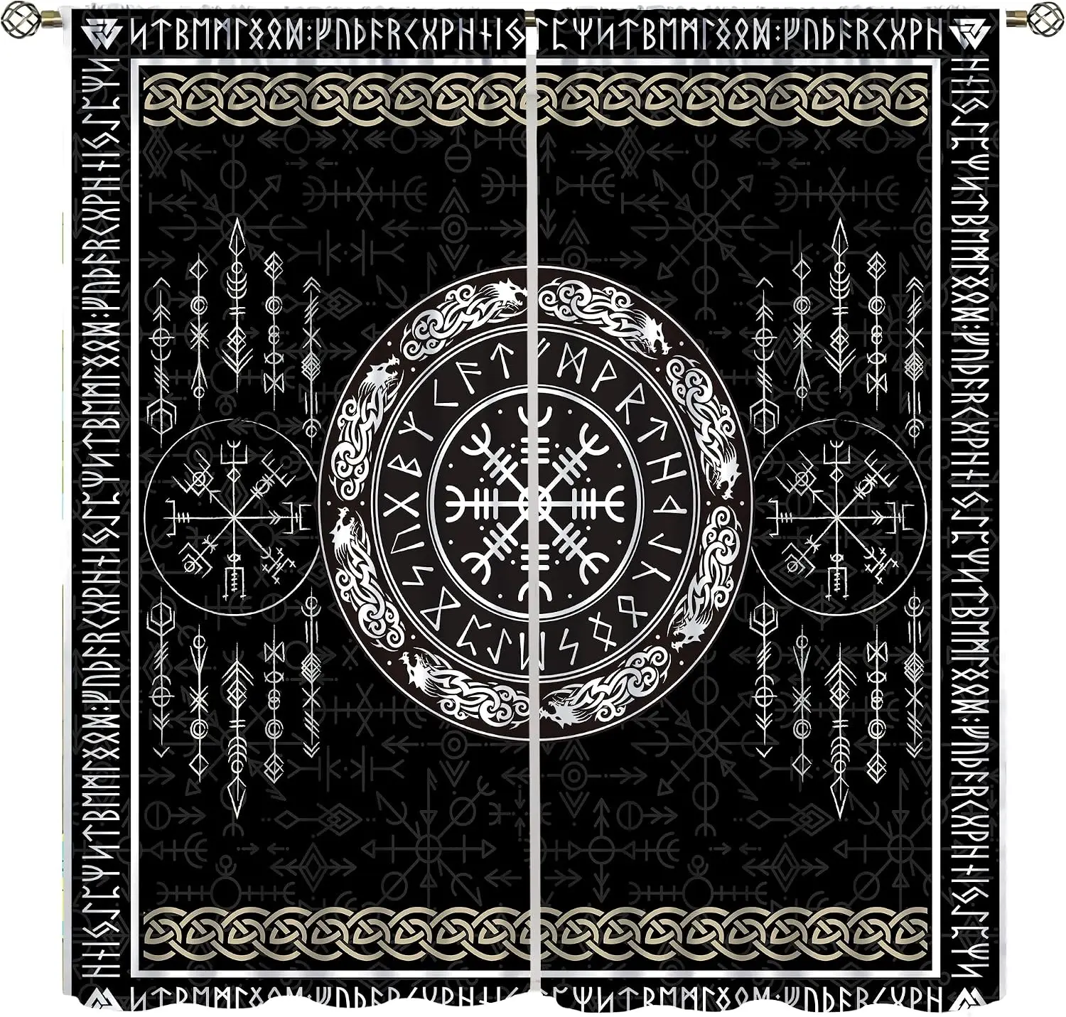 Nordic Viking Compass Rune Border Blackout Rod Pocket Curtain Tribal Arrow Interlace Knot Print Gothic Homestay Bedroom Rest Bay