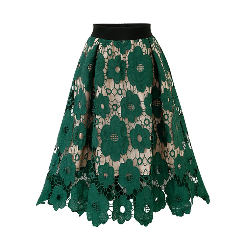 Elegant Women Bohemia Skirt Elastic Waistband Skirt Elegant Floral Lace A-Line Midi Skirt With High Elastic Waist For Women'S