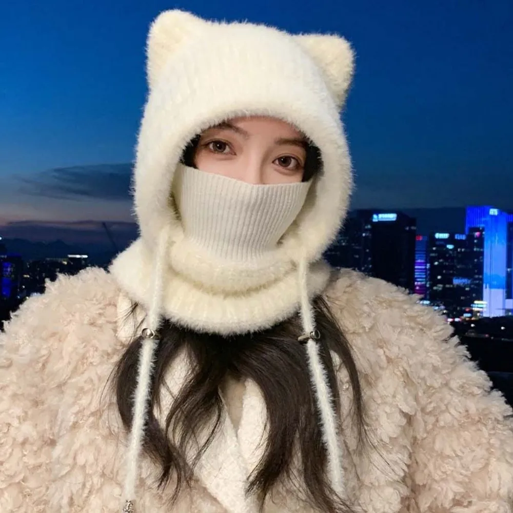 Mütze im japanischen Stil, winddicht, mit Katzenohren, verdickter, elastischer Kapuzenschal, gehäkelte integrierte Maske, Halswärmer, zum Skifahren – Detail 11