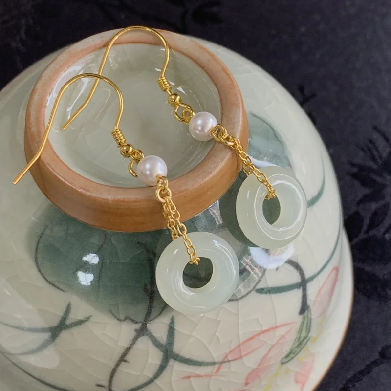 

S925 Silver Inlaid Natural Hetian Jade Earrings Peace Freshwater Pearl