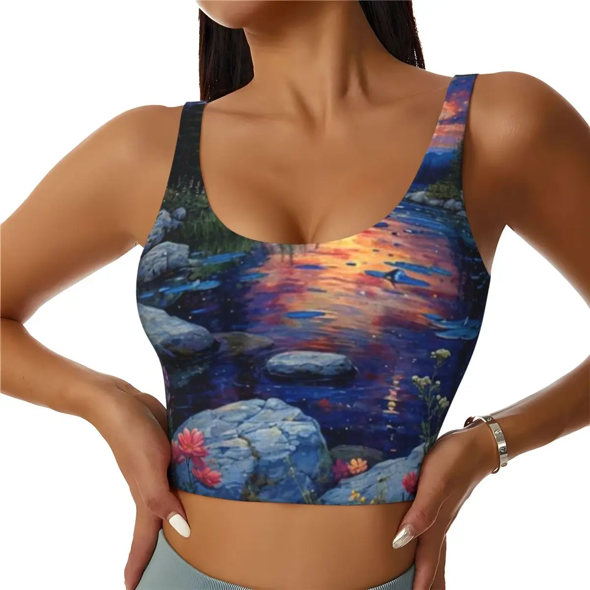 Trendy Workout Top Flowered Lake Indoor Sports Cross Back Tank