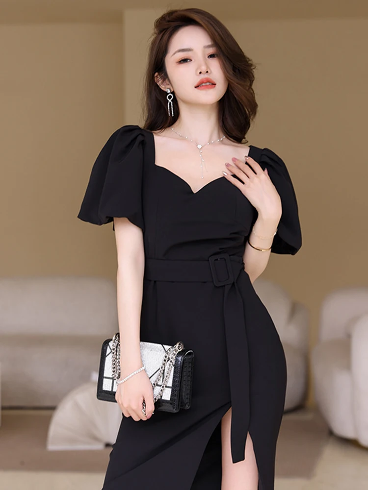 새로운 여름 우아한 여성 이브닝 드레스 시크한 블랙 섹시 퍼프 소매 슬릿 슬림 미디 펜슬 파티 클럽 프롬 여성 의류