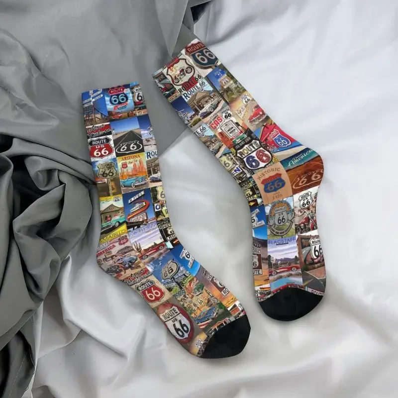 Chaussettes coordonnantes Happy Crew pour hommes et femmes, Route 66 Collage, Hip Hop, Unisexe, Kawaii, Printemps, Été, Automne, Hiver