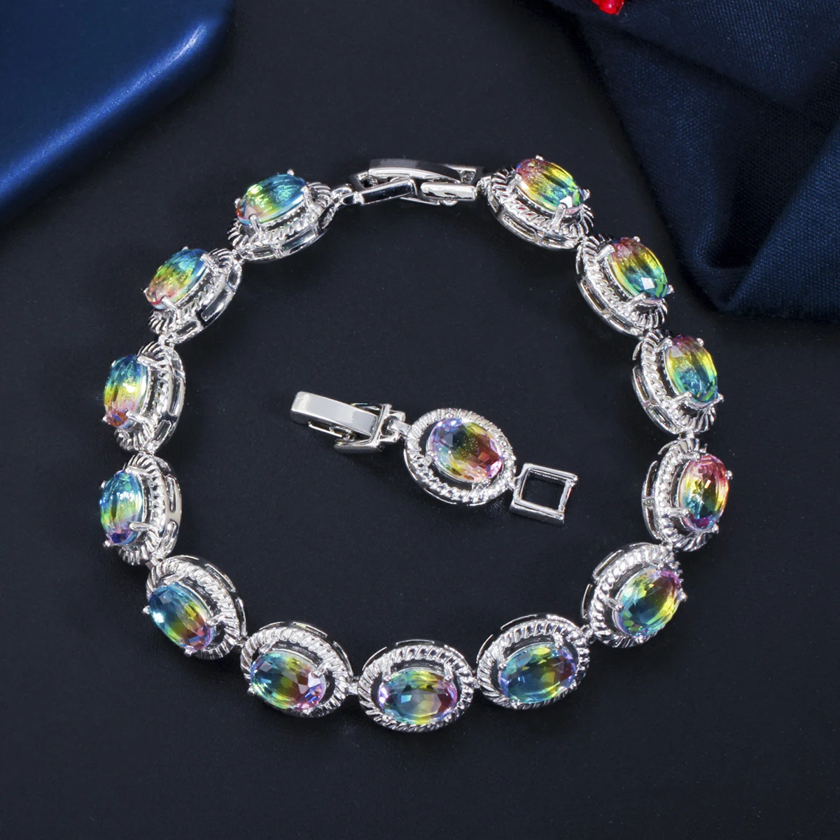 ThreeGraces Mystic Rainbow Cubic Zirconia Stone Silver Color Big Colorful Oval Link Chain Bracelets for Women Party Gift BR320