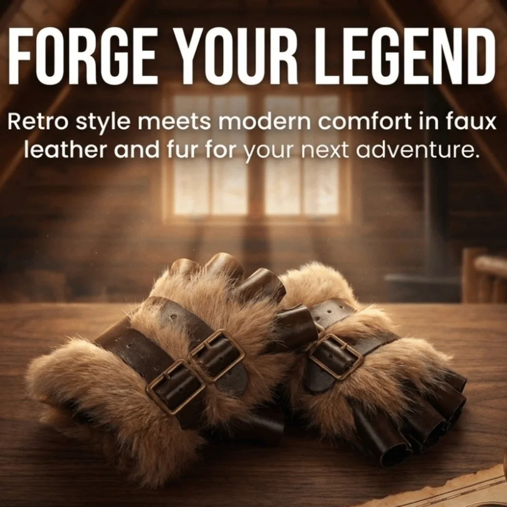Rock Faux Fur Fingerless Gloves Adjustable Buckle Furry PU Leather Mittens Warm Realistic Gauntlet Viking